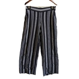 LOFT wide leg cropped pants elastic waist size small flowy black white stripes